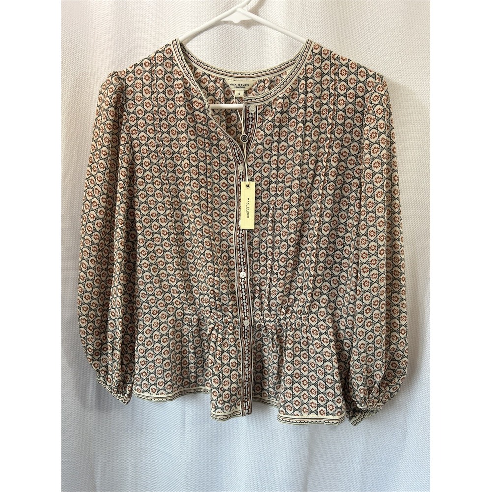 Max Studio Celestial Sun Blouse S Bohemian Peasant Ethereal Balloon Sleeves NWT